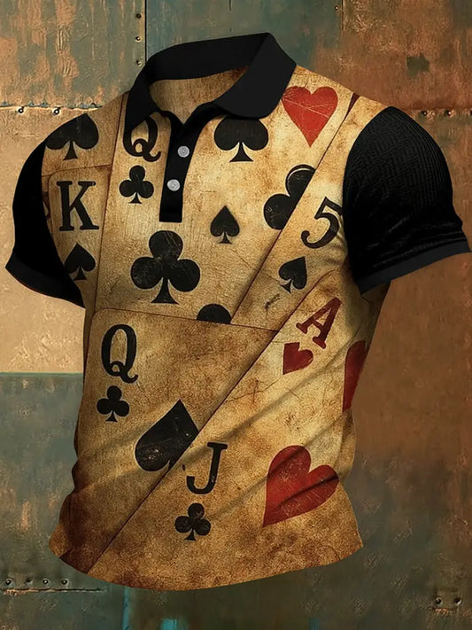 Vintage Poker Printed Waffle Texture Athletic V-Neck Short Sleeves Polo Shirt A / S