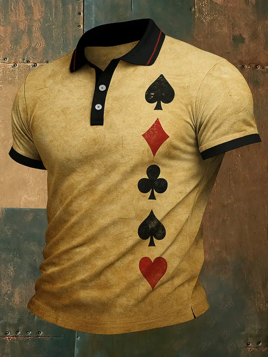Vintage Poker Printed Waffle Texture Athletic V-Neck Short Sleeves Polo Shirt A / S