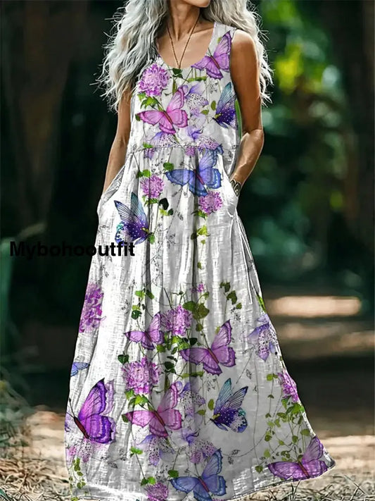Vintage Round Neck Bohemian Ethnic Butterfly Floral Print Elegant Chic Sleeveless Loose Midi Dress A / S