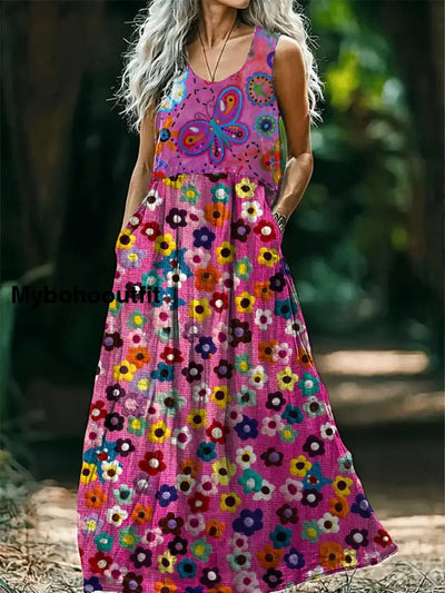 Vintage Round Neck Bohemian Ethnic Floral Print Elegant Chic Sleeveless Loose Midi Dress A / S