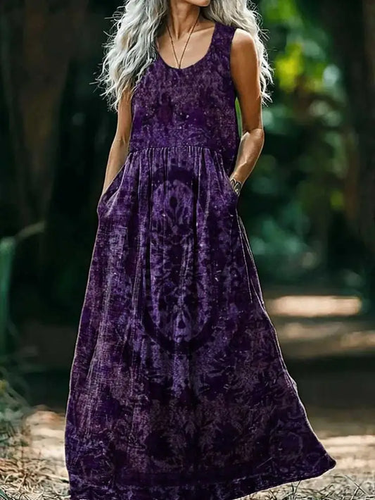 Vintage Round Neck Bohemian Ethnic Floral Print Elegant Chic Sleeveless Loose Midi Dress A / S