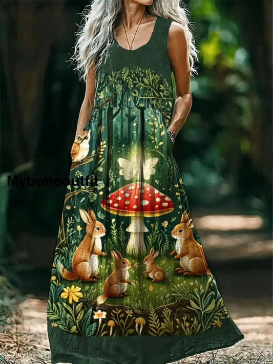 Vintage Round Neck Bohemian Ethnic Mushroom Print Elegant Chic Sleeveless Loose Midi Dress A / S