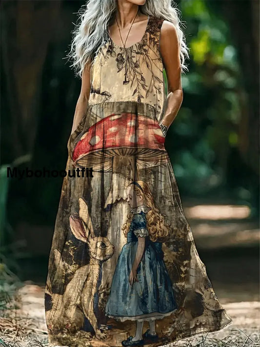 Vintage Round Neck Bohemian Ethnic Mushroom Print Elegant Chic Sleeveless Loose Midi Dress A / S