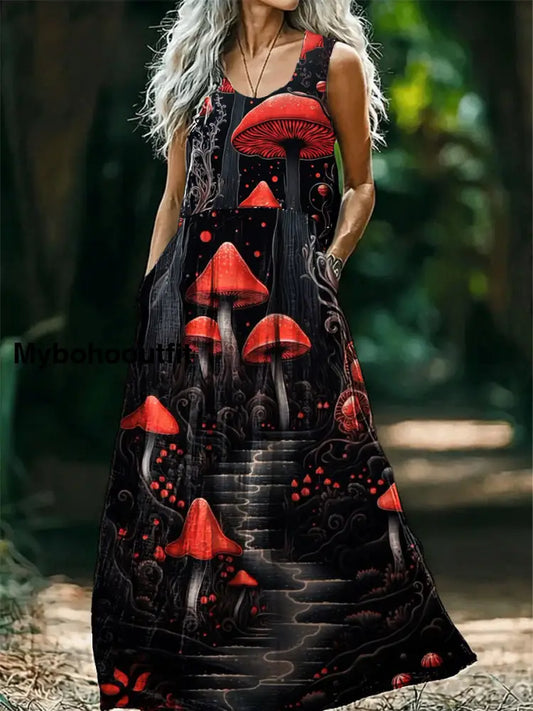 Vintage Round Neck Bohemian Ethnic Mushroom Print Elegant Chic Sleeveless Loose Midi Dress A / S