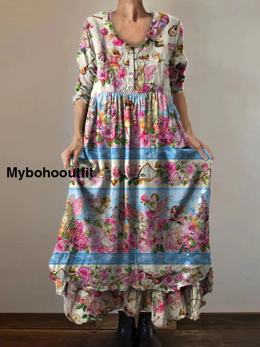 Vintage Round Neck Bohemian Floral Print Elegant Chic Loose Midi Dress A / S