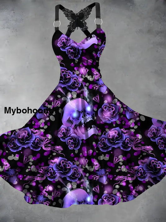 Vintage Skull Floral Print V Neck Loose Short Sleeve Midi Dress A / S