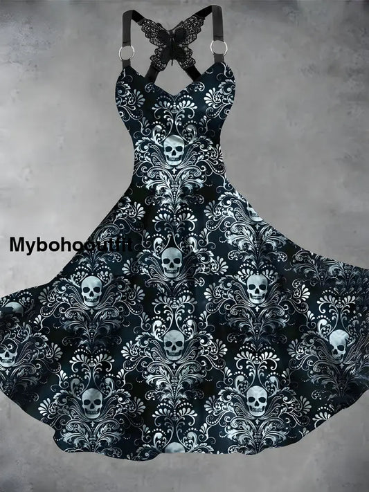 Vintage Skull Print V Neck Loose Short Sleeve Midi Dress A / S