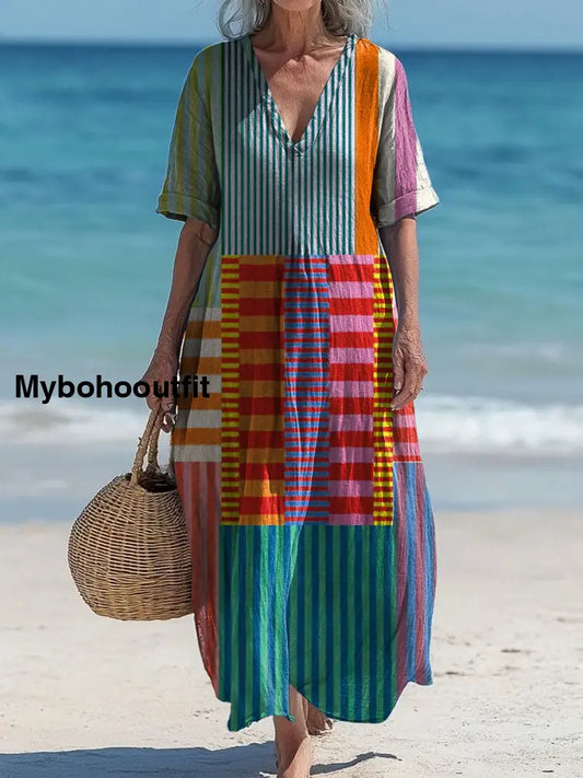 Vintage V-neck Bohemian Art Print Elegant Chic Loose Midi Dress A / S