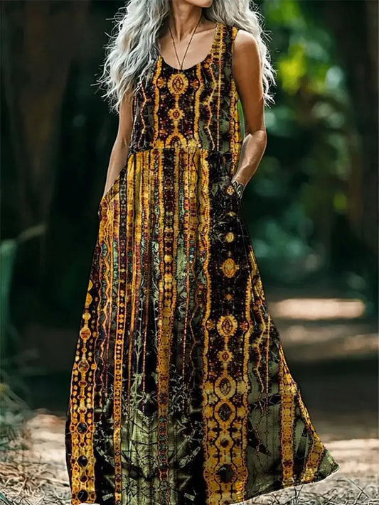Vintage V-neck Bohemian Art Print Elegant Chic Loose Midi Dress A / S