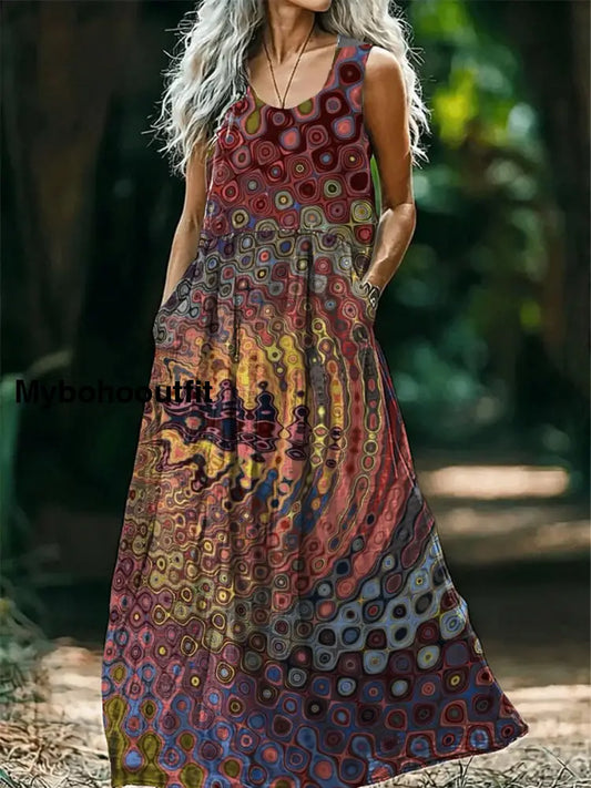 Vintage V-neck Bohemian Art Print Elegant Chic Loose Midi Dress A / S