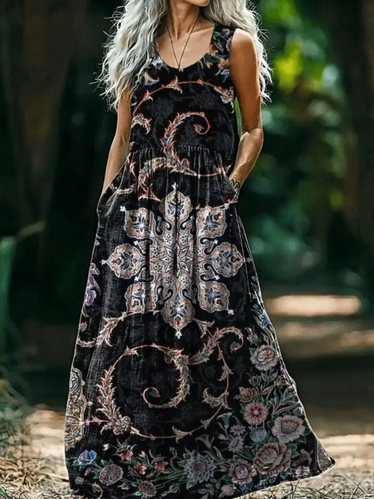Vintage V-neck Bohemian Art Print Elegant Chic Loose Midi Dress A / S