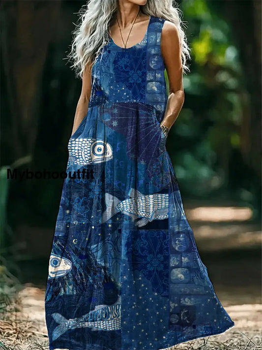 Vintage V-neck Bohemian Fish Print Elegant Chic Loose Midi Dress A / S