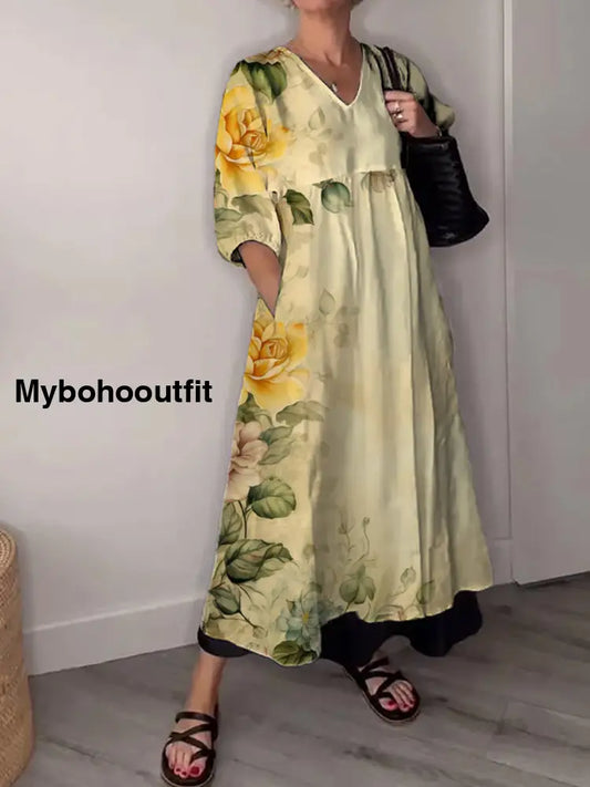 Vintage V-neck Bohemian Floral Print Elegant Chic Loose Midi Dress A / S