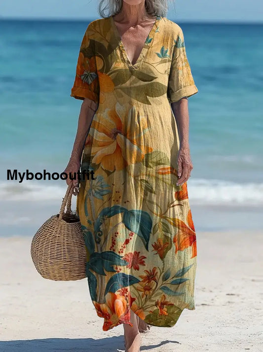 Vintage V-neck Bohemian Floral Print Elegant Chic Loose Midi Dress A / S