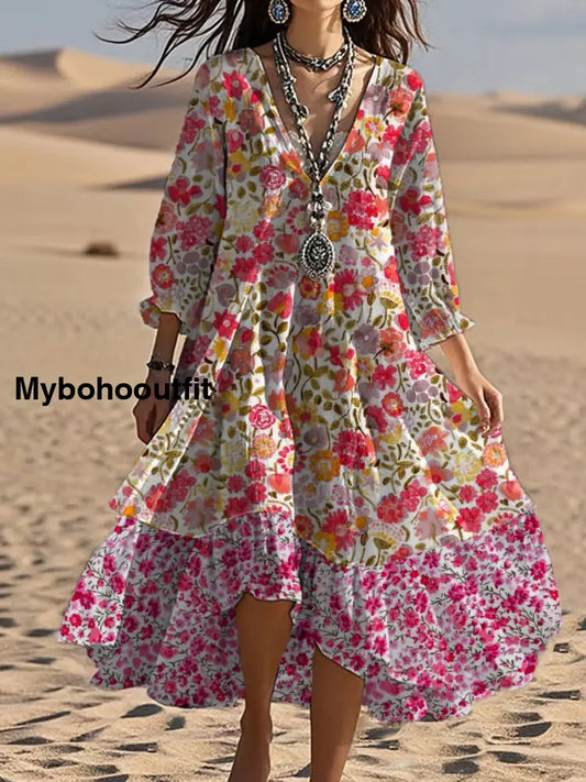Vintage V-neck Bohemian Floral Print Elegant Chic Loose Midi Dress A / S