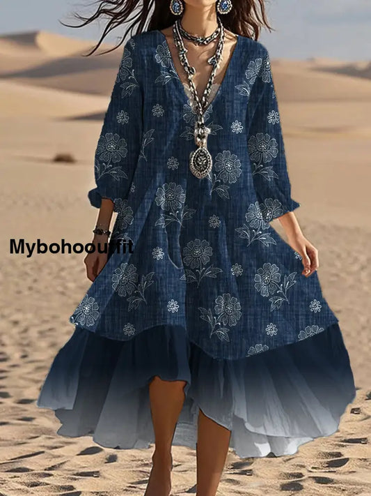 Vintage V-neck Bohemian Floral Print Elegant Chic Loose Midi Dress A / S