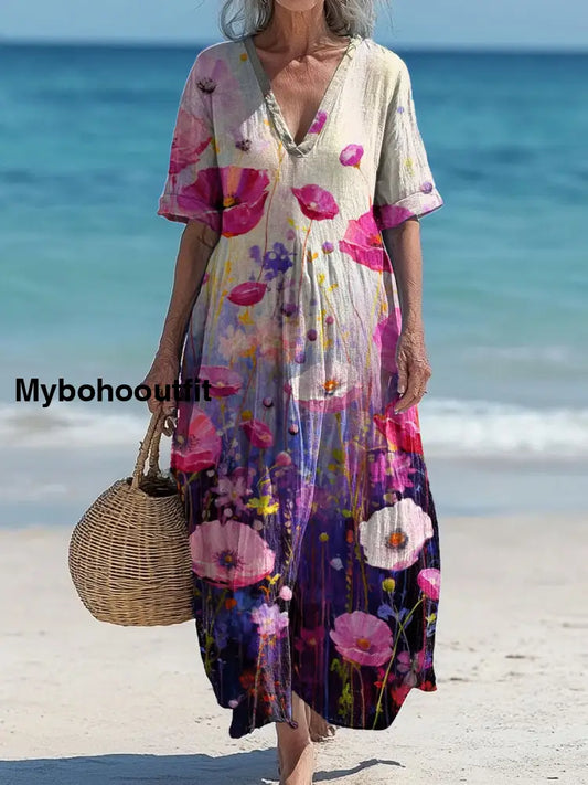 Vintage V-neck Bohemian Floral Print Elegant Chic Loose Midi Dress A / S