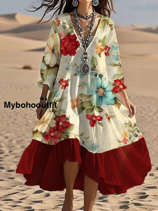 Vintage V-neck Bohemian Floral Print Elegant Chic Loose Midi Dress A / S