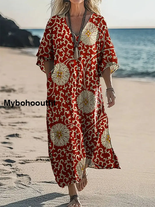 Vintage V-neck Bohemian Floral Print Elegant Chic Loose Midi Dress A / S