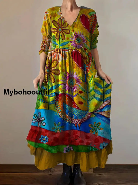 Vintage V-neck Bohemian Floral Print Elegant Chic Loose Midi Dress A / S