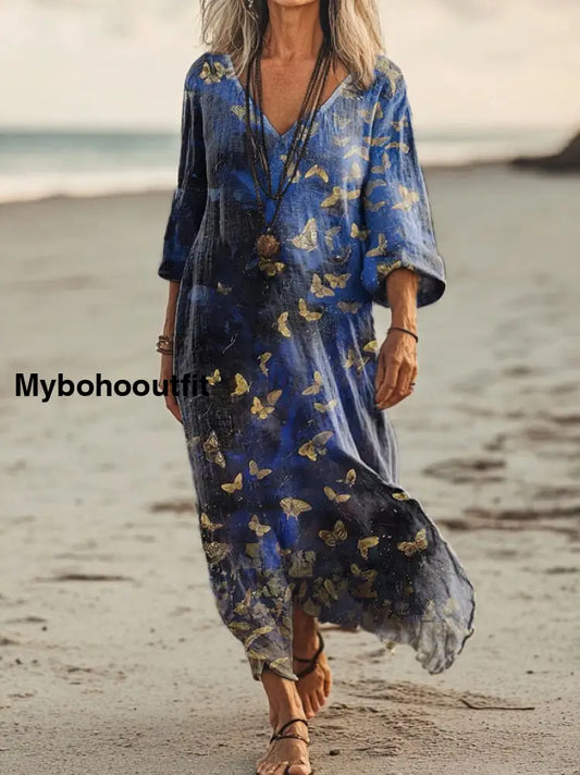 Vintage V-neck Bohemian Floral Print Elegant Chic Loose Midi Dress A / S