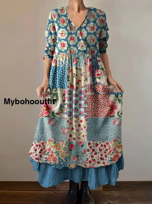 Vintage V-Neck Bohemian Floral Print Elegant Chic Loose Midi Dress A / S