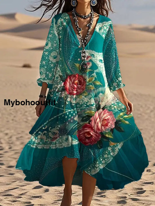Vintage V-neck Bohemian Floral Print Elegant Chic Loose Midi Dress A / S
