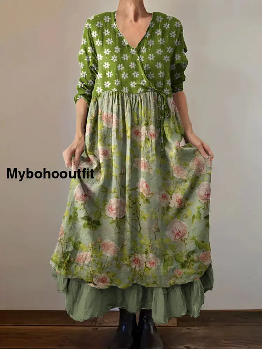 Vintage V-Neck Bohemian Floral Print Elegant Chic Loose Midi Dress A / S