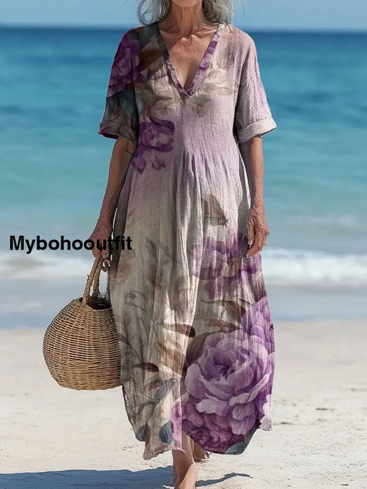 Vintage V-neck Bohemian Floral Print Elegant Chic Loose Midi Dress A / S