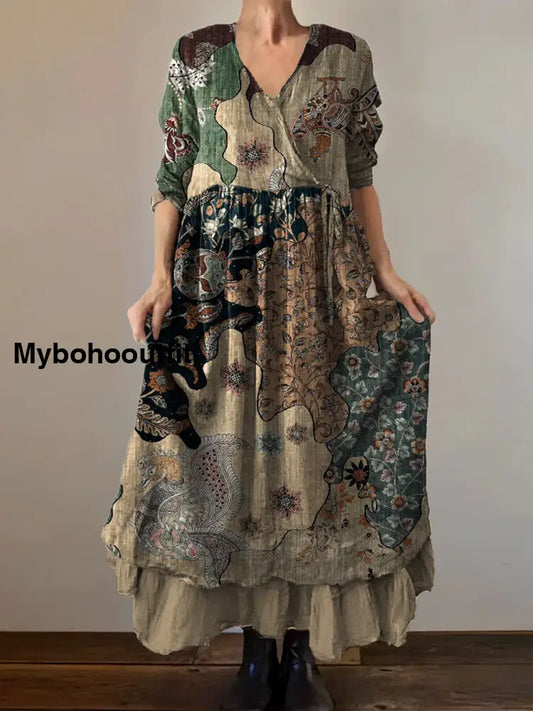 Vintage V-Neck Bohemian Floral Print Elegant Chic Loose Midi Dress A / S