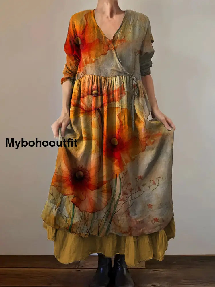 Vintage V-neck Bohemian Floral Print Elegant Chic Loose Midi Dress A / S