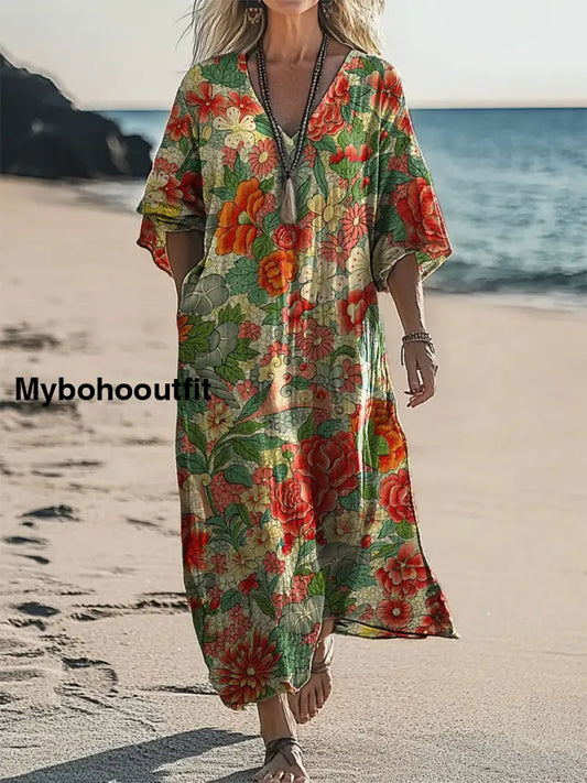 Vintage V-neck Bohemian Floral Print Elegant Chic Loose Midi Dress A / S