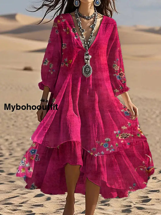 Vintage V-neck Bohemian Floral Print Elegant Chic Loose Midi Dress A / S