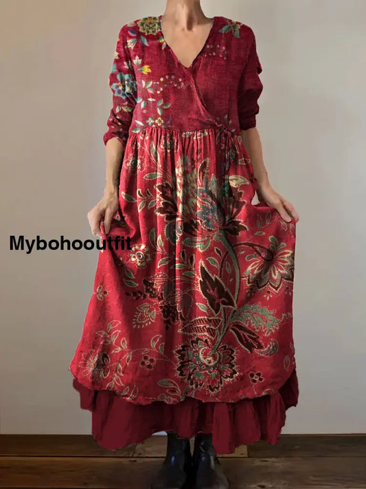Vintage V-Neck Bohemian Floral Print Elegant Chic Loose Midi Dress A / S