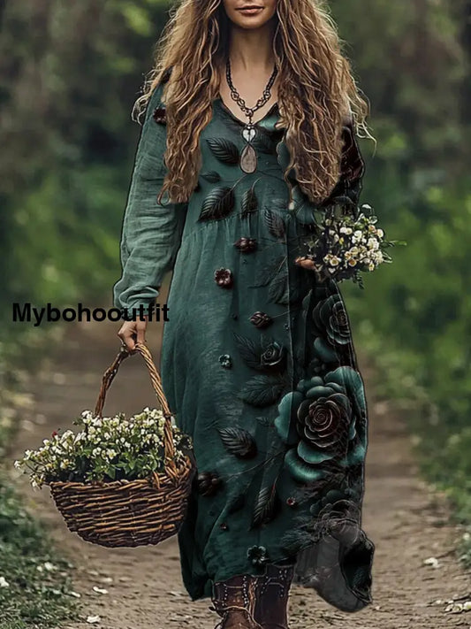 Vintage V-neck Bohemian Floral Print Elegant Chic Loose Midi Dress A / S