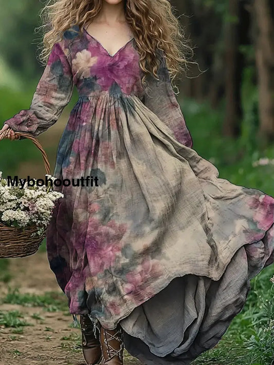 Vintage V-neck Bohemian Floral Print Elegant Chic Loose Midi Dress A / S