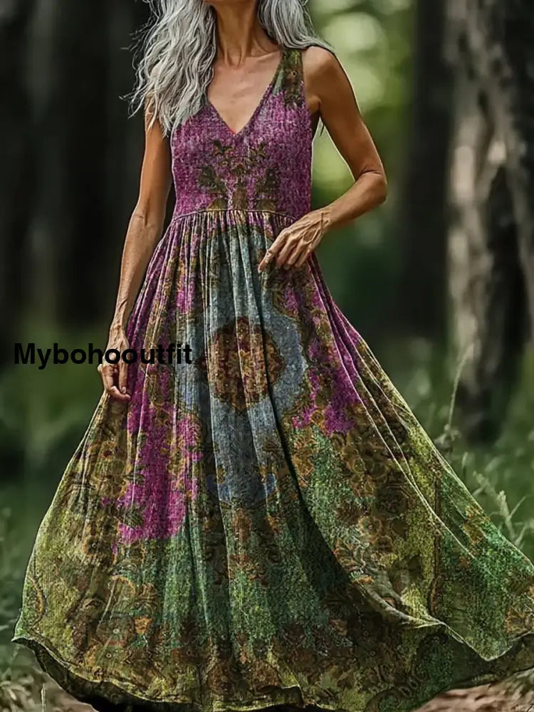 Vintage V-neck Bohemian Floral Print Elegant Chic Loose Midi Dress A / S