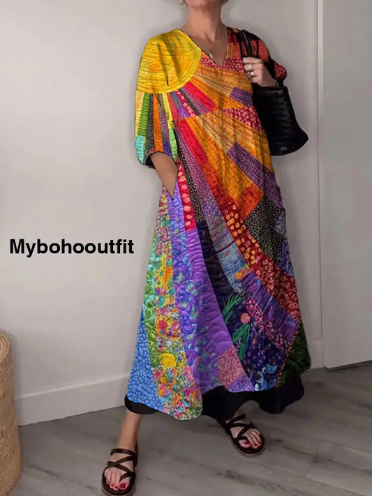 Vintage V-neck Bohemian Floral Print Elegant Chic Loose Midi Dress A / S