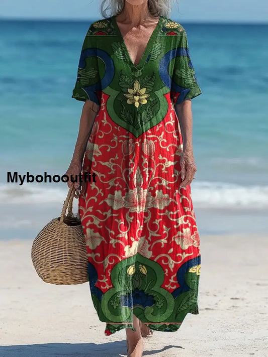 Vintage V-neck Bohemian Floral Print Elegant Chic Loose Midi Dress A / S