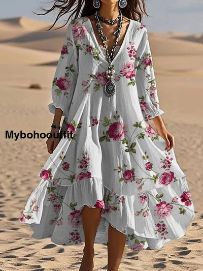 Vintage V-neck Bohemian Floral Print Elegant Chic Loose Midi Dress A / S