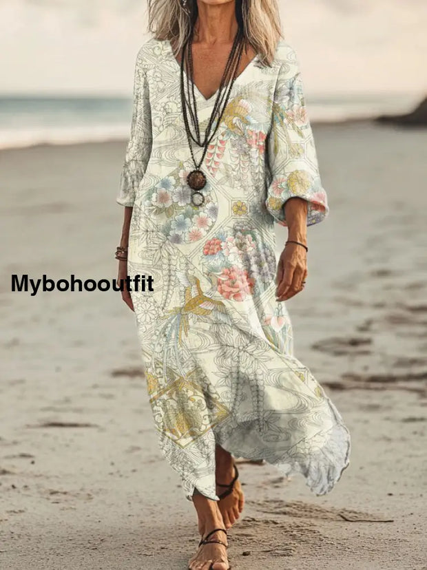Vintage V-neck Bohemian Floral Print Elegant Chic Loose Midi Dress A / S