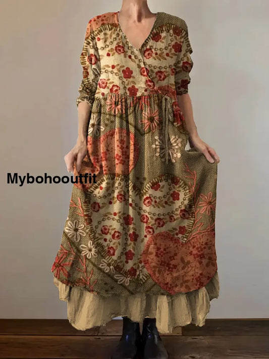 Vintage V-Neck Bohemian Floral Print Elegant Chic Loose Midi Dress A / S