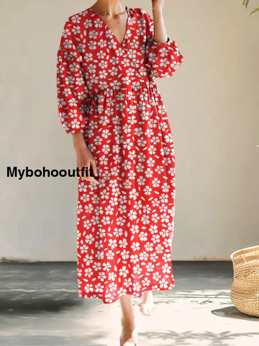Vintage V-neck Bohemian Floral Print Elegant Chic Loose Midi Dress A / S