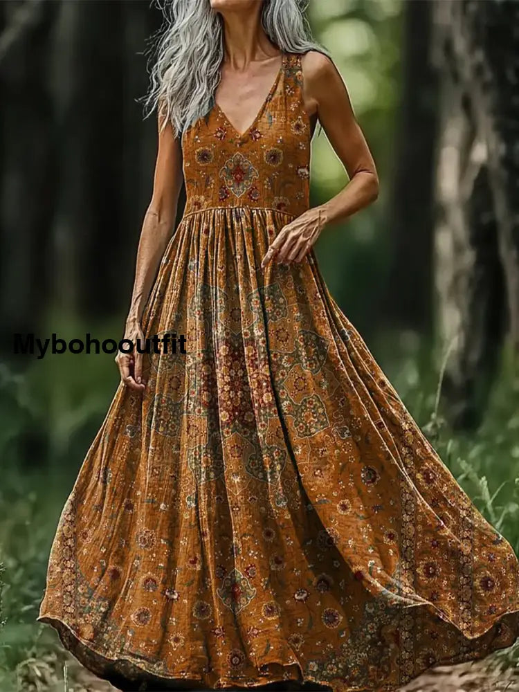 Vintage V-neck Bohemian Floral Print Elegant Chic Loose Midi Dress A / S