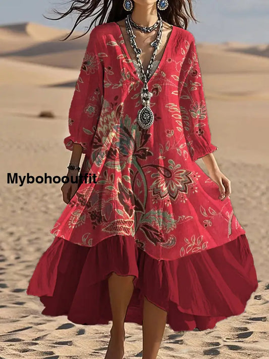 Vintage V-neck Bohemian Floral Print Elegant Chic Loose Midi Dress A / S