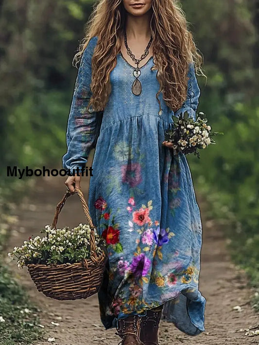 Vintage V-neck Bohemian Floral Print Elegant Chic Loose Midi Dress A / S