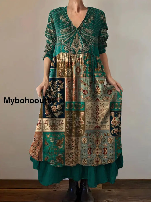 Vintage V-Neck Bohemian Floral Print Elegant Chic Loose Midi Dress A / S