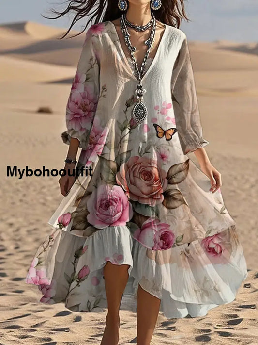 Vintage V-neck Bohemian Floral Print Elegant Chic Loose Midi Dress A / S