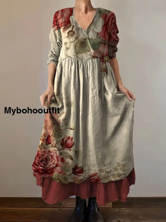Vintage V-neck Bohemian Floral Print Elegant Chic Loose Midi Dress A / S