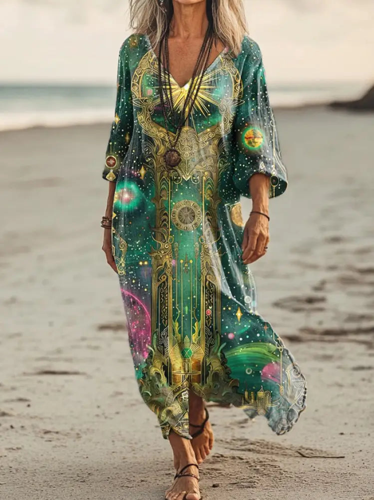 Vintage V-neck Bohemian Floral Print Elegant Chic Loose Midi Dress A / S